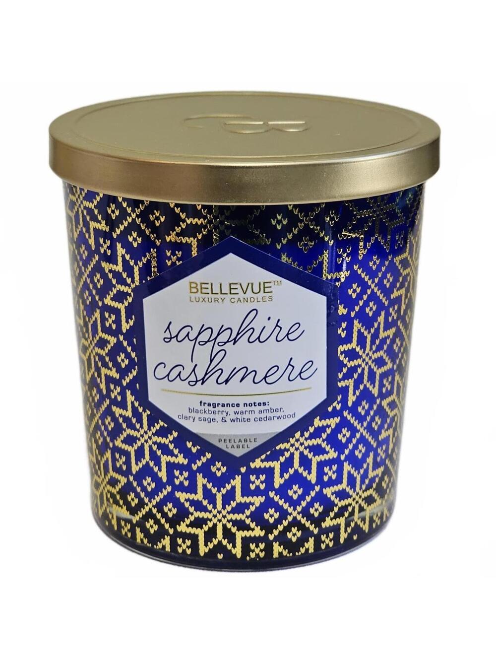 Bellevue Luxury Candle Sapphire Cashmere 12 oz Glass Jar ~4.25" x 4" Holidays